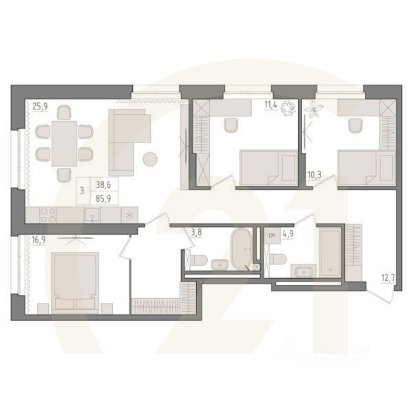 3-комн. квартира, 85,9 м²в ЖК «Новый Империал»