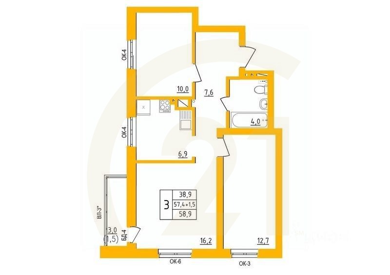 3-комн. квартира, 59 м²в ЖК «Акварель»