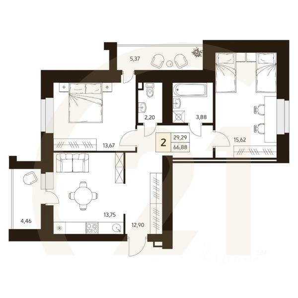 2-комн. квартира, 66,88 м²в ЖК «MATUR»