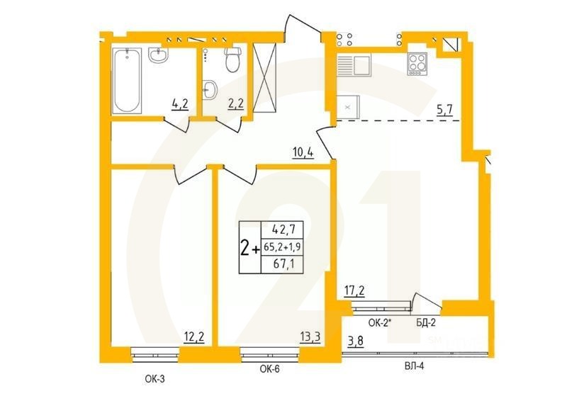 2-комн. квартира, 67 м²
