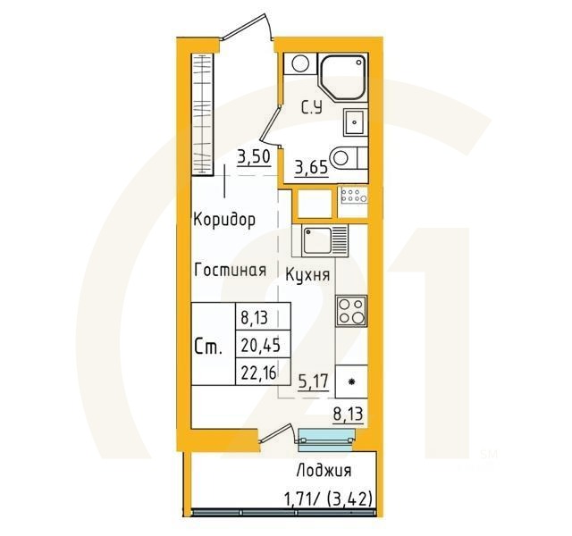 студия, 22,15 м²