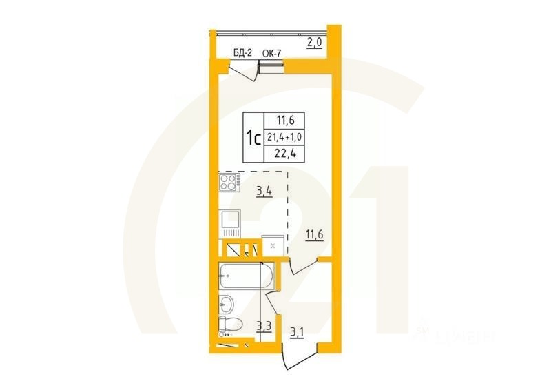 1-комн, 22,2 м²
