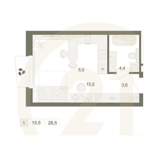 1-комн. квартира, 28,5 м²в ЖК «Квартал «Родина Парк»