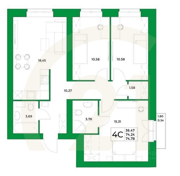 4-комн, 74,78 м²