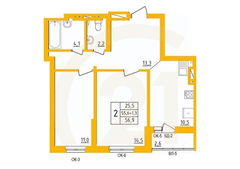 2-комн. квартира, 56,6 м²