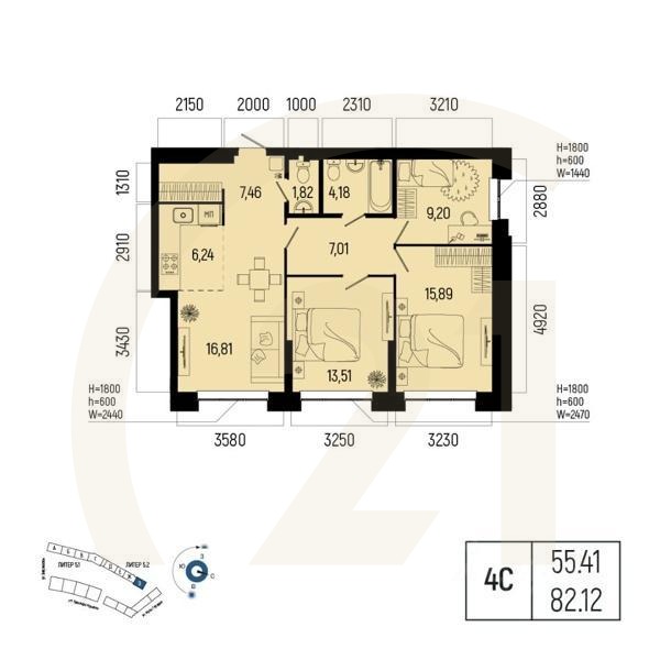 4-комн. квартира, 82,12 м²в ЖК «Новатор»