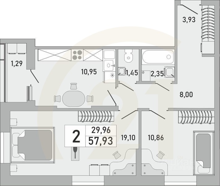 2-комн. квартира, 57,93 м²в ЖК «Платинум»