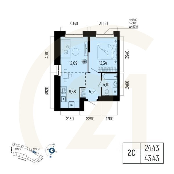 2-комн. квартира, 43,43 м²в ЖК «Новатор»