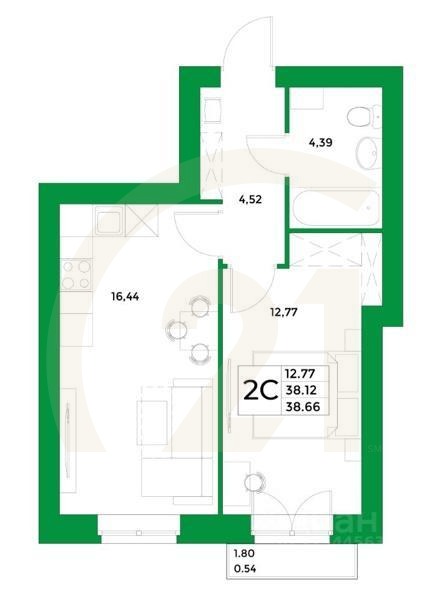 2-комн, 38,66 м²