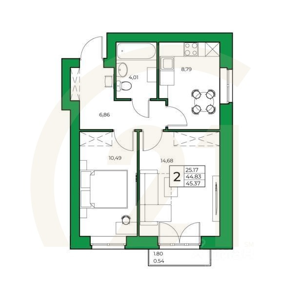 2-комн. квартира, 45,37 м²