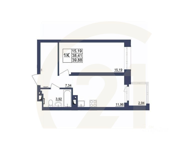 1-комн. квартира, 40,06 м²в ЖК «Космос»