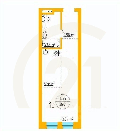 Продаются 1-комн. апартаменты, 26,61 м²в ЖК «Аксаковский»