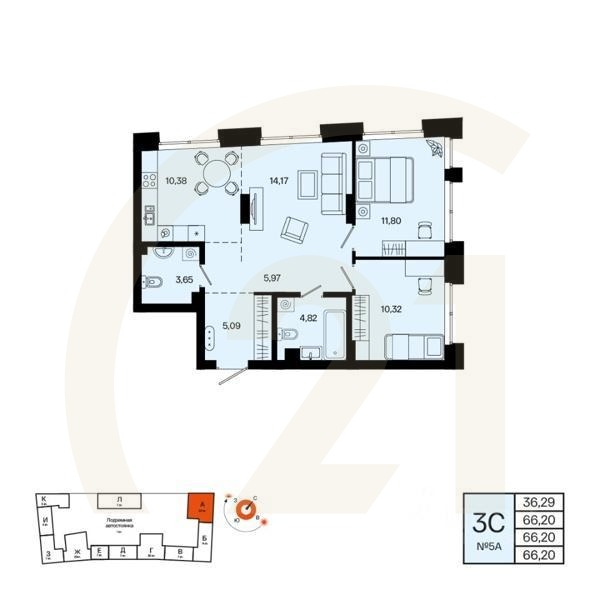3-комн. квартира, 66,2 м²в ЖК «Первый остров»