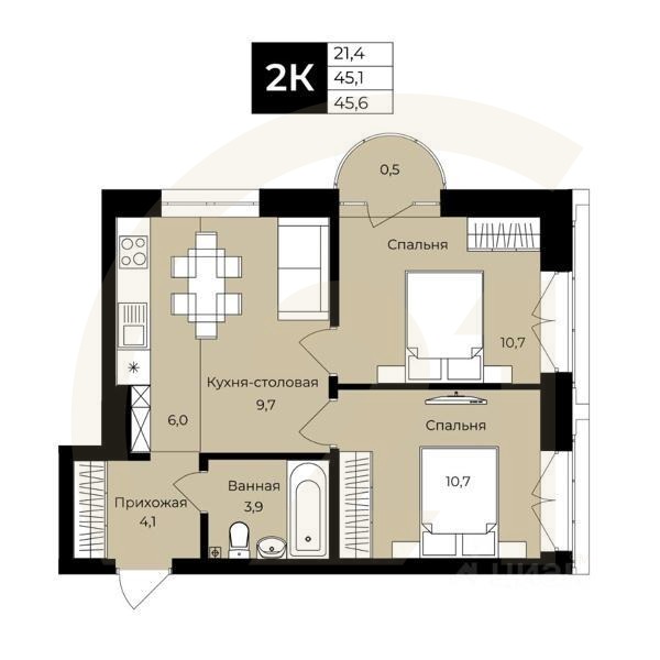 2-комн. квартира, 45,1 м²в ЖК «Ленинские высотки»
