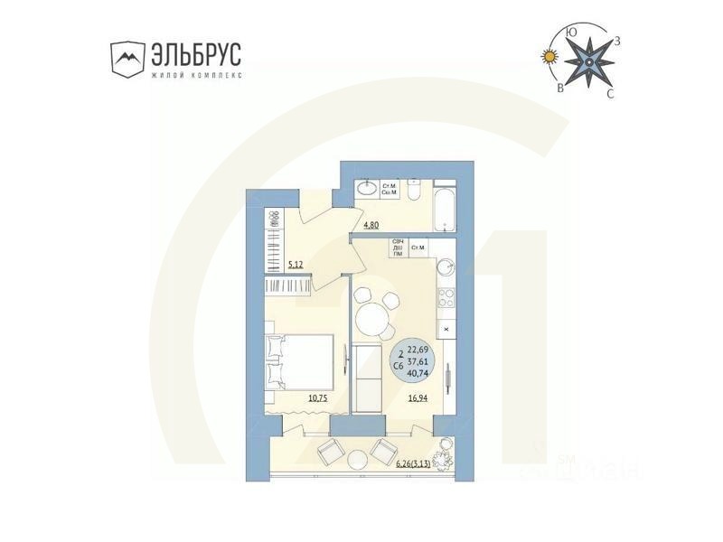 2-комн. квартира, 40,74 м²в ЖК «Эльбрус»