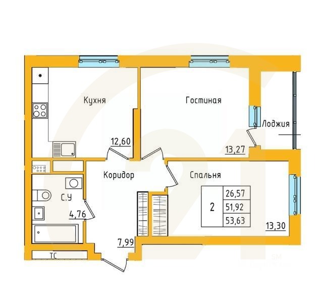 2-комн. квартира, 53,63 м²