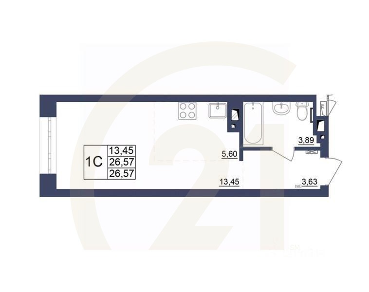 1-комн, 27,25 м²в ЖК «Космос»