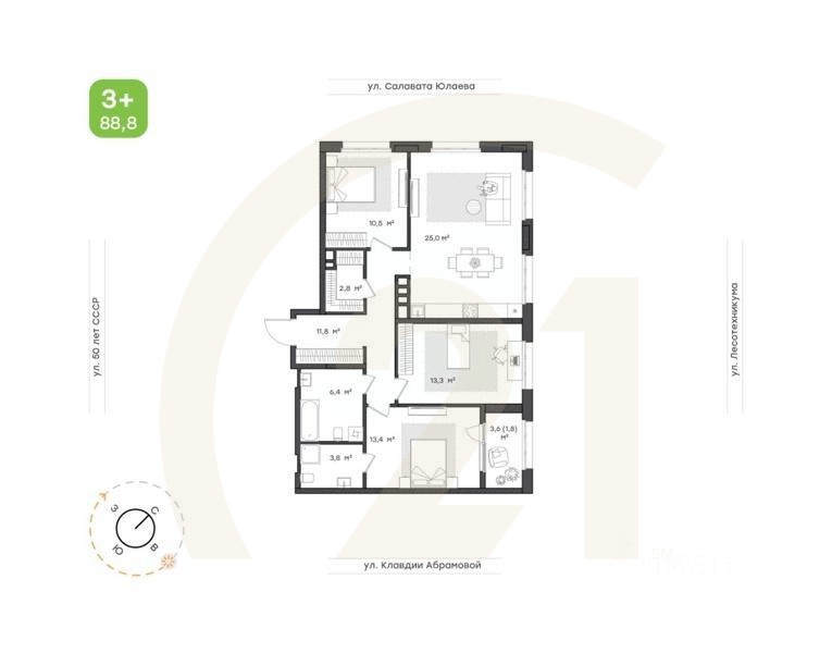 3-комн. квартира, 88,8 м²в ЖК «Бионика Парк»