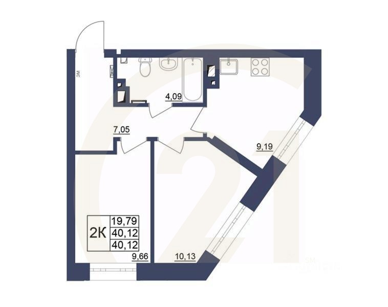 2-комн. квартира, 39,87 м²в ЖК «Космос»