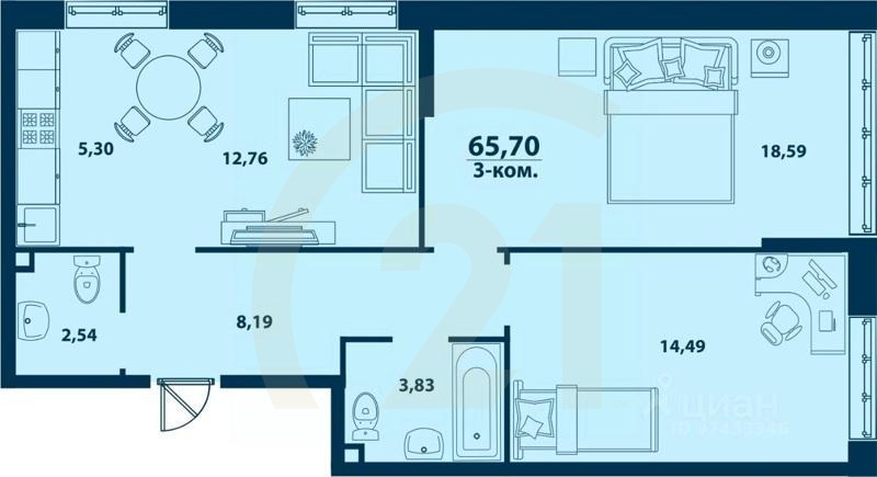 3-комн. квартира, 65,7 м²в ЖК «Город природы»
