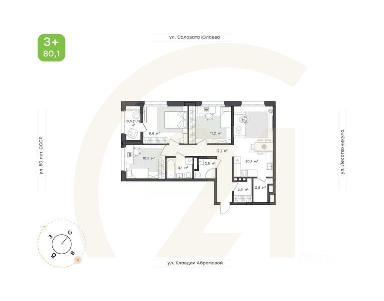 3-комн. квартира, 80,1 м²в ЖК «Бионика Парк»