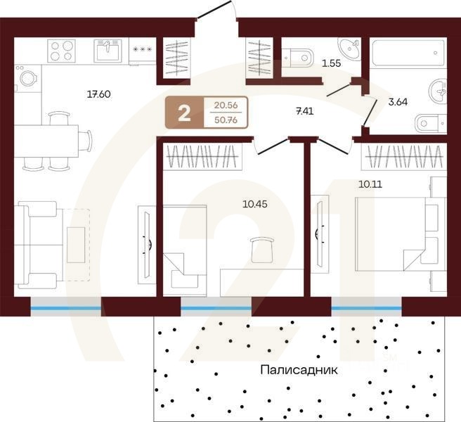 2-комн. квартира, 50,76 м²в ЖК «ЯРАТАУ»