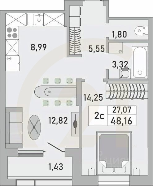 2-комн. квартира, 48,16 м²в ЖК «Платинум»