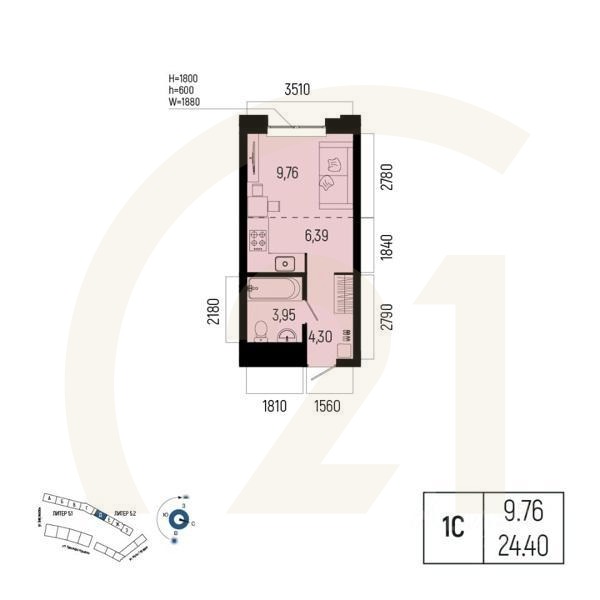 1-комн. квартира, 24,4 м²в ЖК «Новатор»