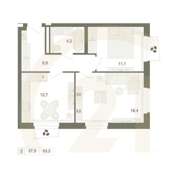 2-комн. квартира, 53,2 м²в ЖК «Квартал «Родина Парк»