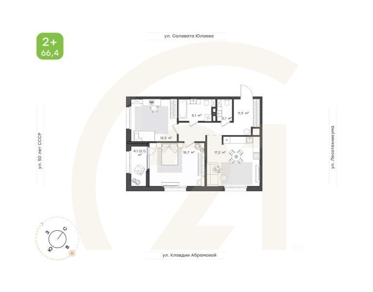 2-комн. квартира, 66,4 м²в ЖК «Бионика Парк»