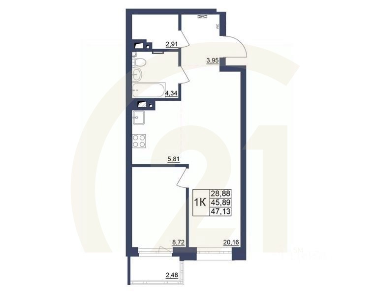 1-комн. квартира, 46,91 м²