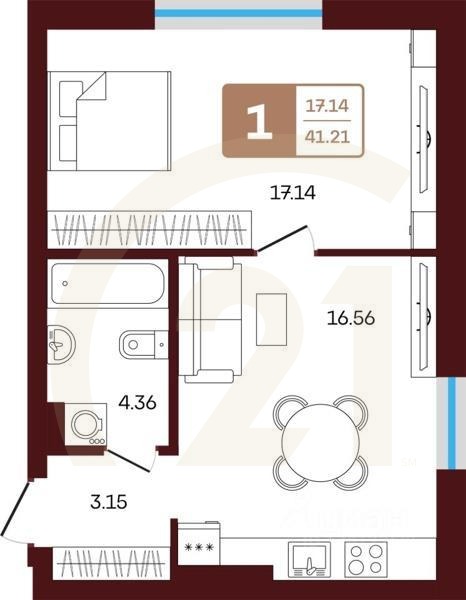 1-комн, 52,43 м²в ЖК «ЯРАТАУ»