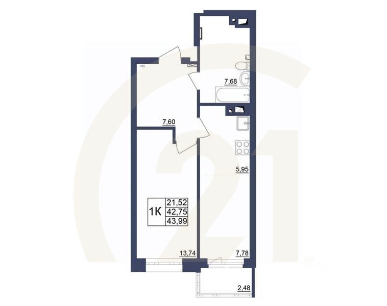 1-комн. квартира, 43,99 м²