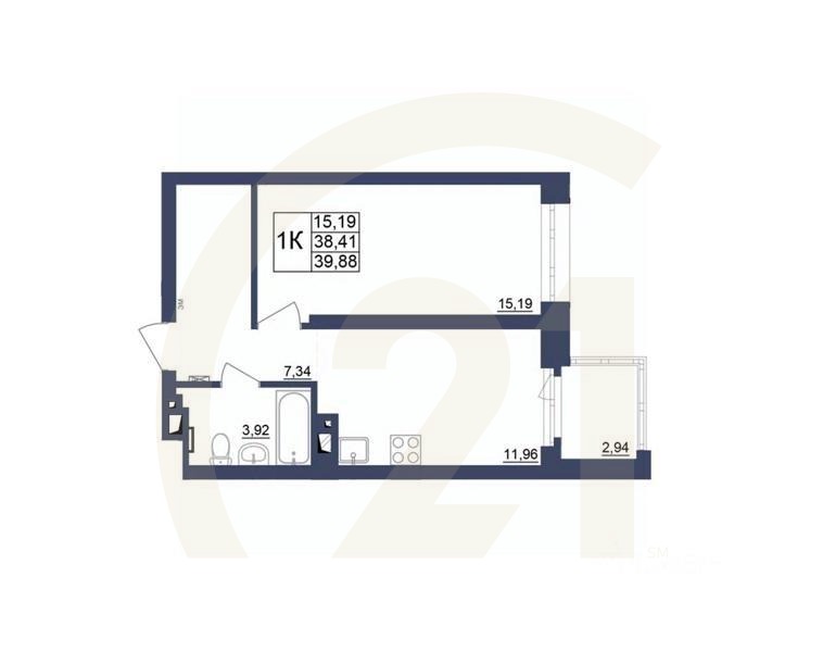 1-комн. квартира, 39,96 м²