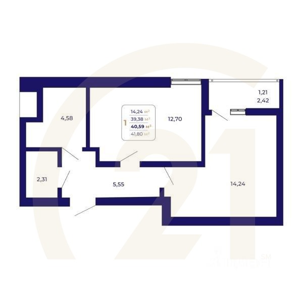 1-комн. квартира, 40,59 м²в ЖК «Паруса»