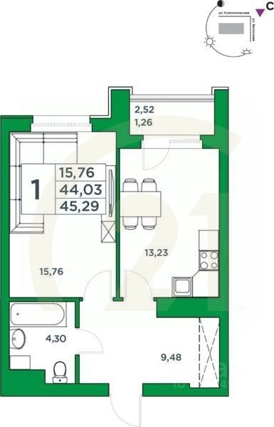 1-комн. квартира, 44,03 м²в ЖК «Сапфир»