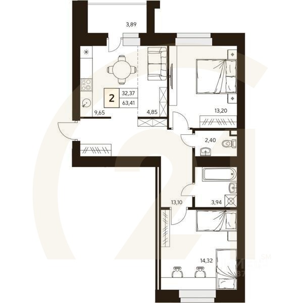 2-комн. квартира, 63,41 м²в ЖК «MATUR»