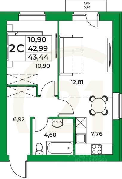 2-комн, 43,44 м²