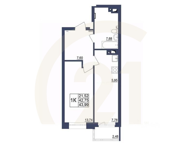 1-комн. квартира, 44,11 м²в ЖК «Космос»
