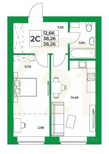 2-комн, 38,26 м²