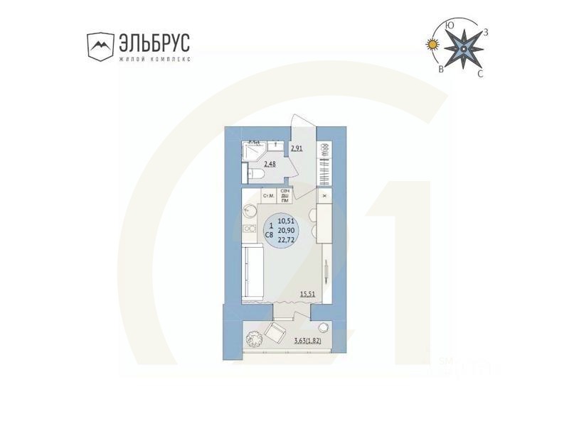 1-комн, 22,72 м²в ЖК «Эльбрус»