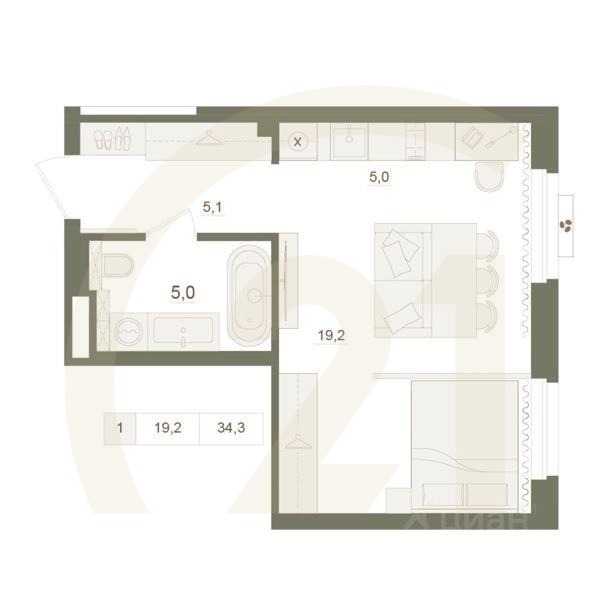 1-комн. квартира, 34,3 м²в ЖК «Квартал «Родина Парк»