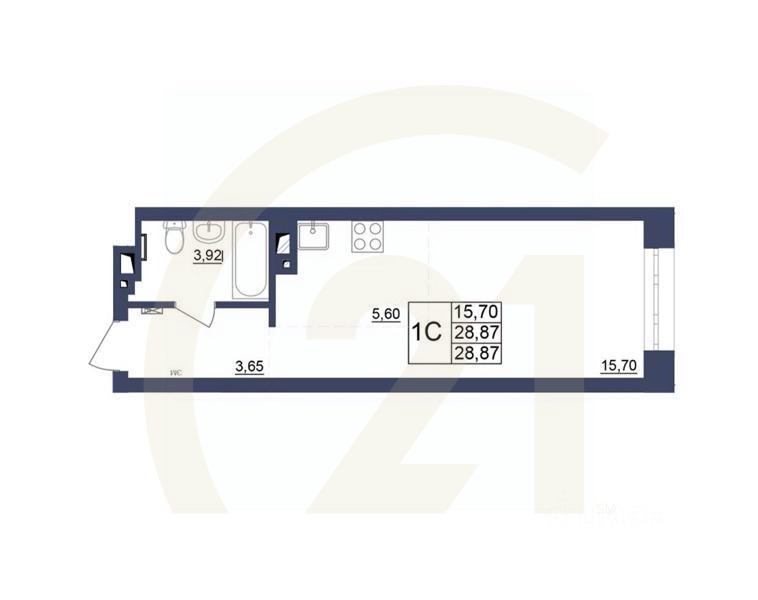 1-комн, 28,69 м²