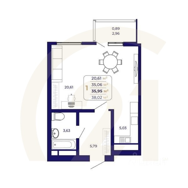 1-комн. квартира, 35,95 м²в ЖК «Паруса»