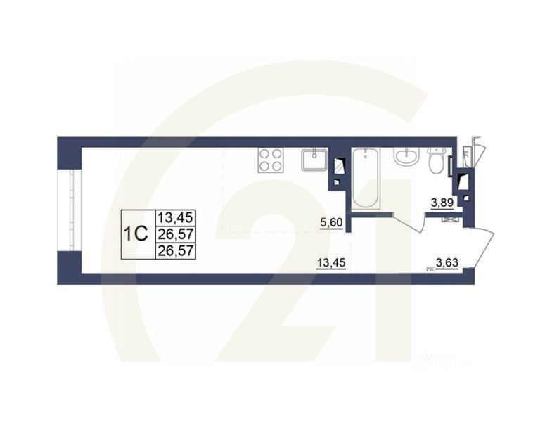 1-комн, 26,66 м²в ЖК «Космос»