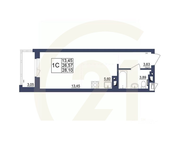 1-комн, 26,97 м²в ЖК «Космос»