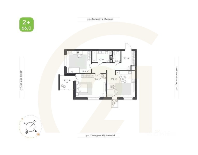 2-комн. квартира, 66 м²в ЖК «Бионика Парк»