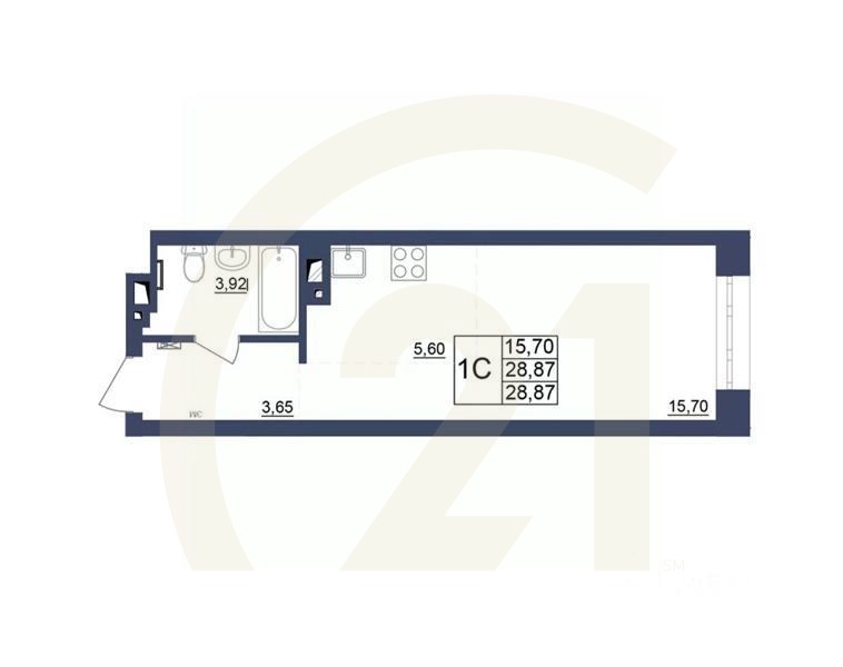 1-комн, 28,96 м²в ЖК «Космос»
