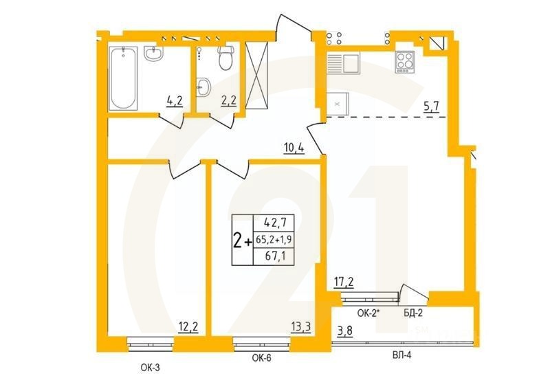 2-комн. квартира, 66,7 м²в ЖК «Акварель»