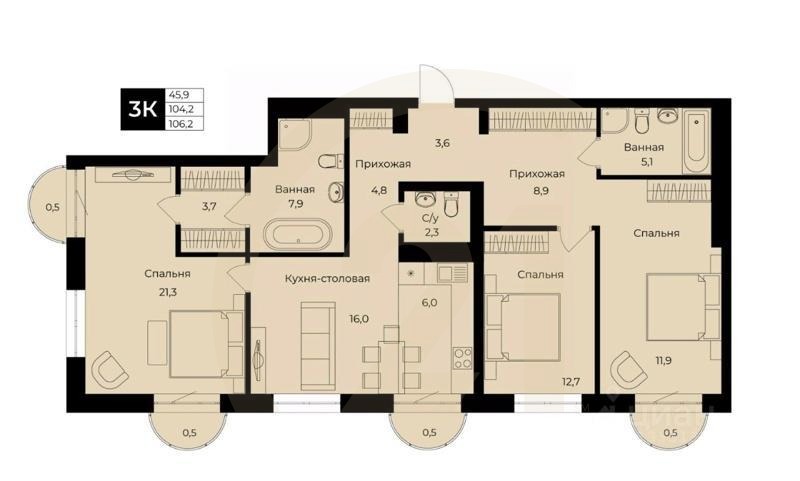 1-комн. квартира, 104,2 м²в ЖК «Ленинские высотки»